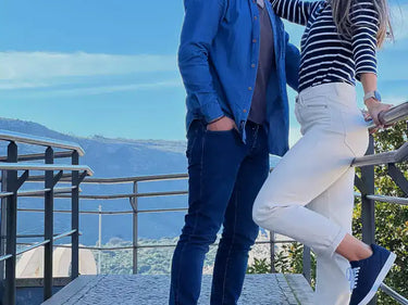 A happy young couple wearing waterproof hemp shoes by 8000 Kicks.